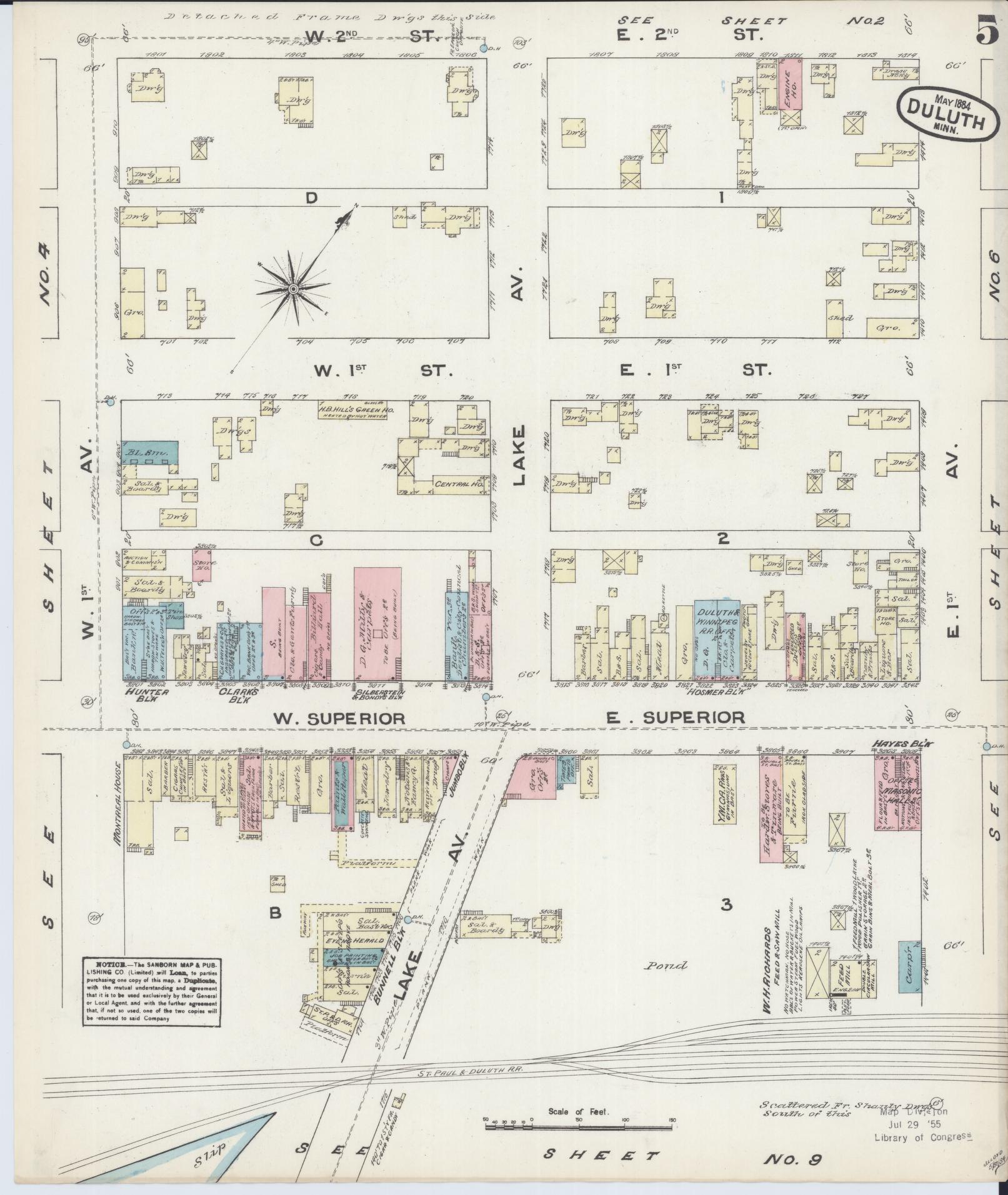 Sanborn Fire Insurance Map from Duluth, Saint Louis County, Minnesota (1884), Sheet #0005 - Historic Sanborn Fire Insurance Map Print, vintage old map wall art, antique decor, genealogy gift, Minnesota Minnesota map