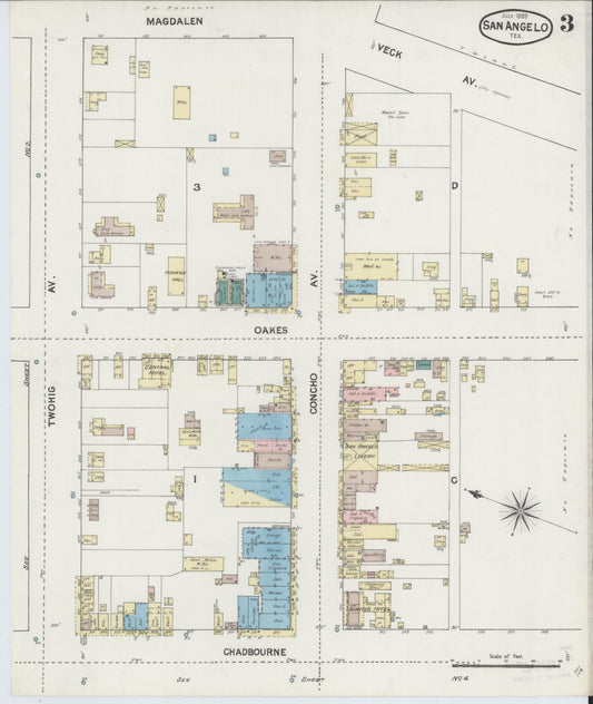Sanborn Fire Insurance Map from San Angelo, Tom Green County, Texas (1889), Sheet #0003 - Historic Sanborn Fire Insurance Map Print, vintage old map wall art, antique decor, genealogy gift, Texas Texas map
