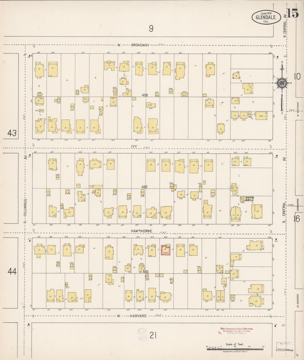 Sanborn Fire Insurance Map from Glendale, Los Angeles County, California (1919), Sheet #0015 - Complete Map Set gallery image, historic Sanborn map, vintage wall art, California California