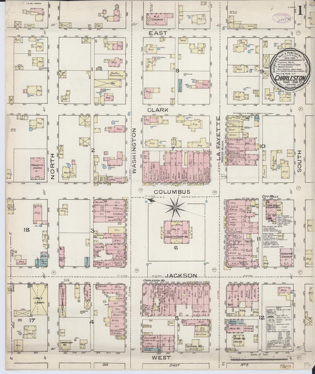 Sanborn Fire Insurance Map from Charleston, Coles County, Illinois (1886), Sheet #0001 - Complete Map Set gallery image, historic Sanborn map, vintage wall art, Illinois Illinois