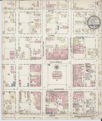 Sanborn Fire Insurance Map from Charleston, Coles County, Illinois (1886), Sheet #0001 - Complete Map Set gallery image, historic Sanborn map, vintage wall art, Illinois Illinois