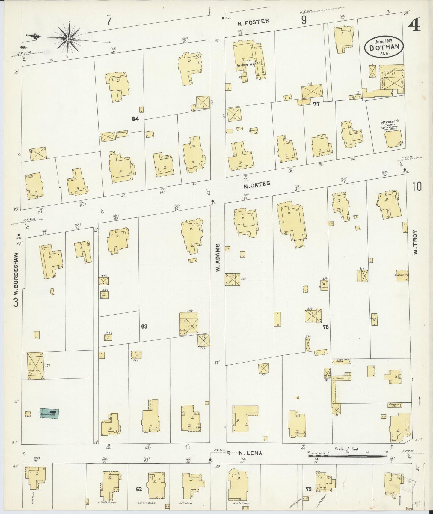 Sanborn Fire Insurance Map from Dothan, Houston County, Alabama (1907), Sheet #0004 - Historic Sanborn Fire Insurance Map Print, vintage old map wall art, antique decor, genealogy gift, Alabama Alabama map