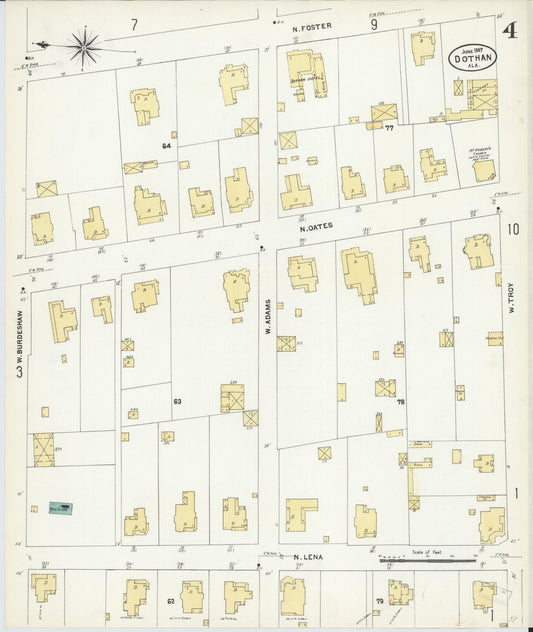 Sanborn Fire Insurance Map from Dothan, Houston County, Alabama (1907), Sheet #0004 - Historic Sanborn Fire Insurance Map Print, vintage old map wall art, antique decor, genealogy gift, Alabama Alabama map