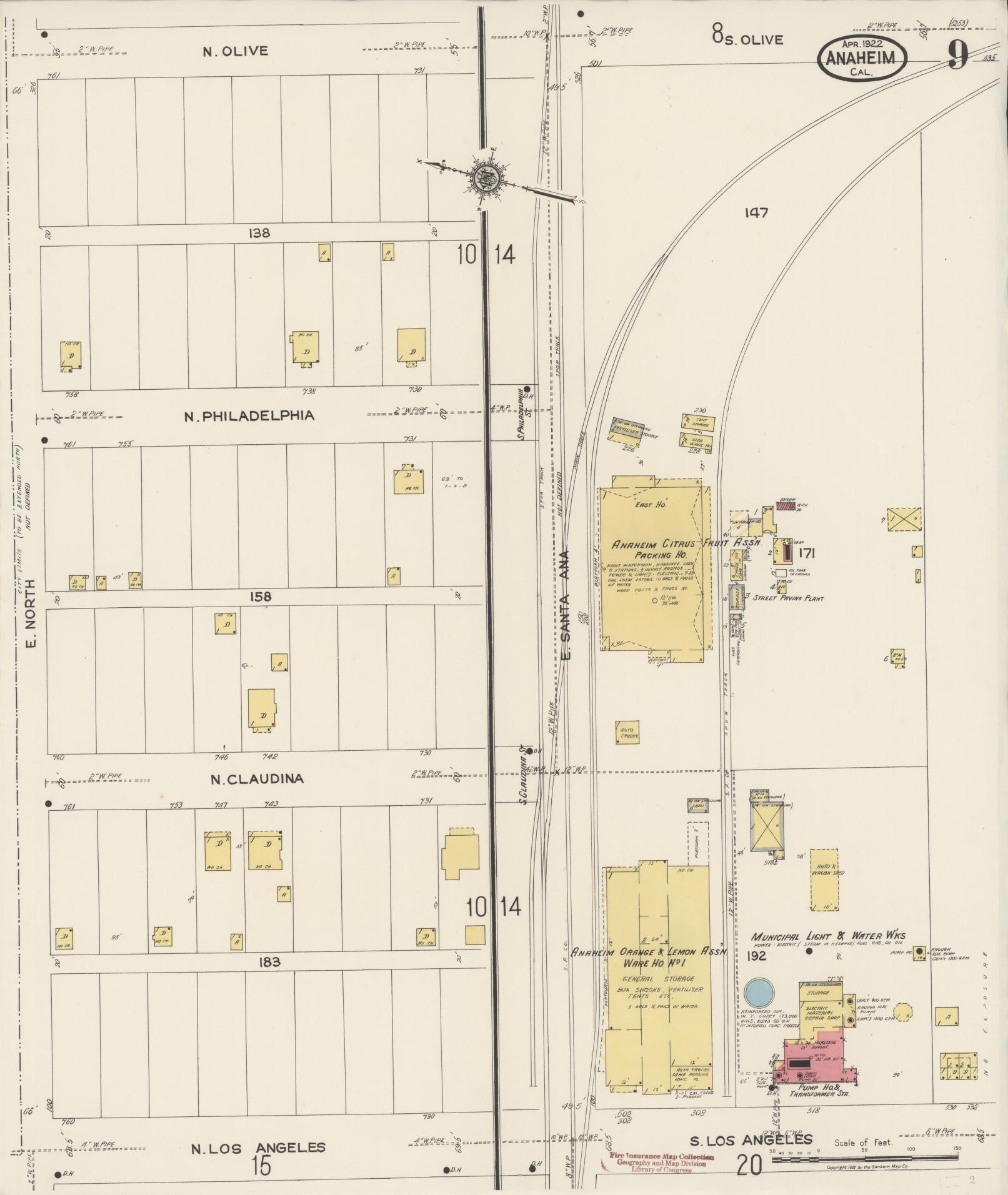 Sanborn Fire Insurance Map from Anaheim, Orange County, California (1922), Sheet #0009 - Historic Sanborn Fire Insurance Map Print, vintage old map wall art, antique decor, genealogy gift, California California map