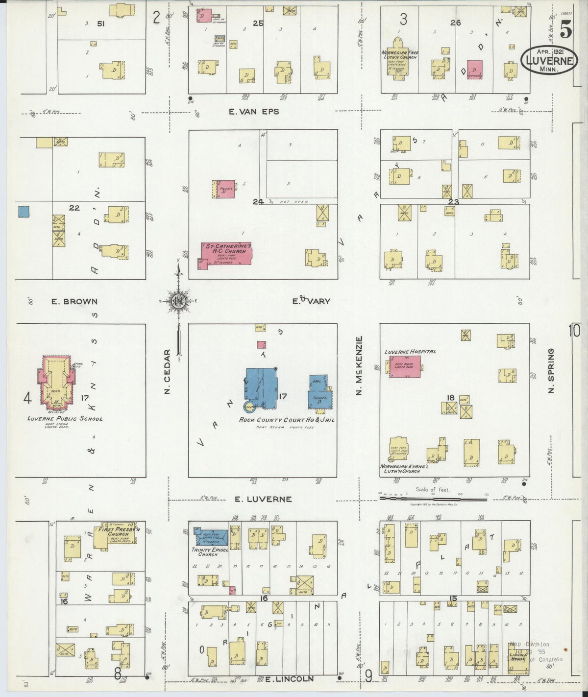 Sanborn Fire Insurance Map from Luverne, Rock County, Minnesota (1921), Sheet #0005 - Complete Map Set gallery image, historic Sanborn map, vintage wall art, Minnesota Minnesota