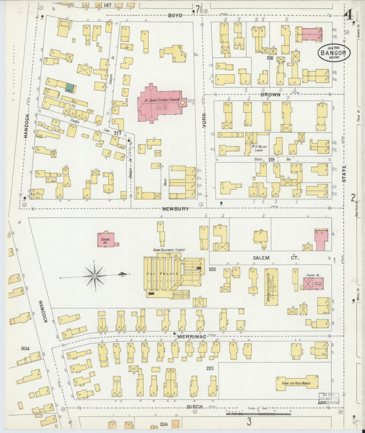 Sanborn Fire Insurance Map from Bangor, Penobscot County, Maine (1901), Sheet #0004 - Historic Sanborn Fire Insurance Map Print, vintage old map wall art, antique decor, genealogy gift, Maine Maine map