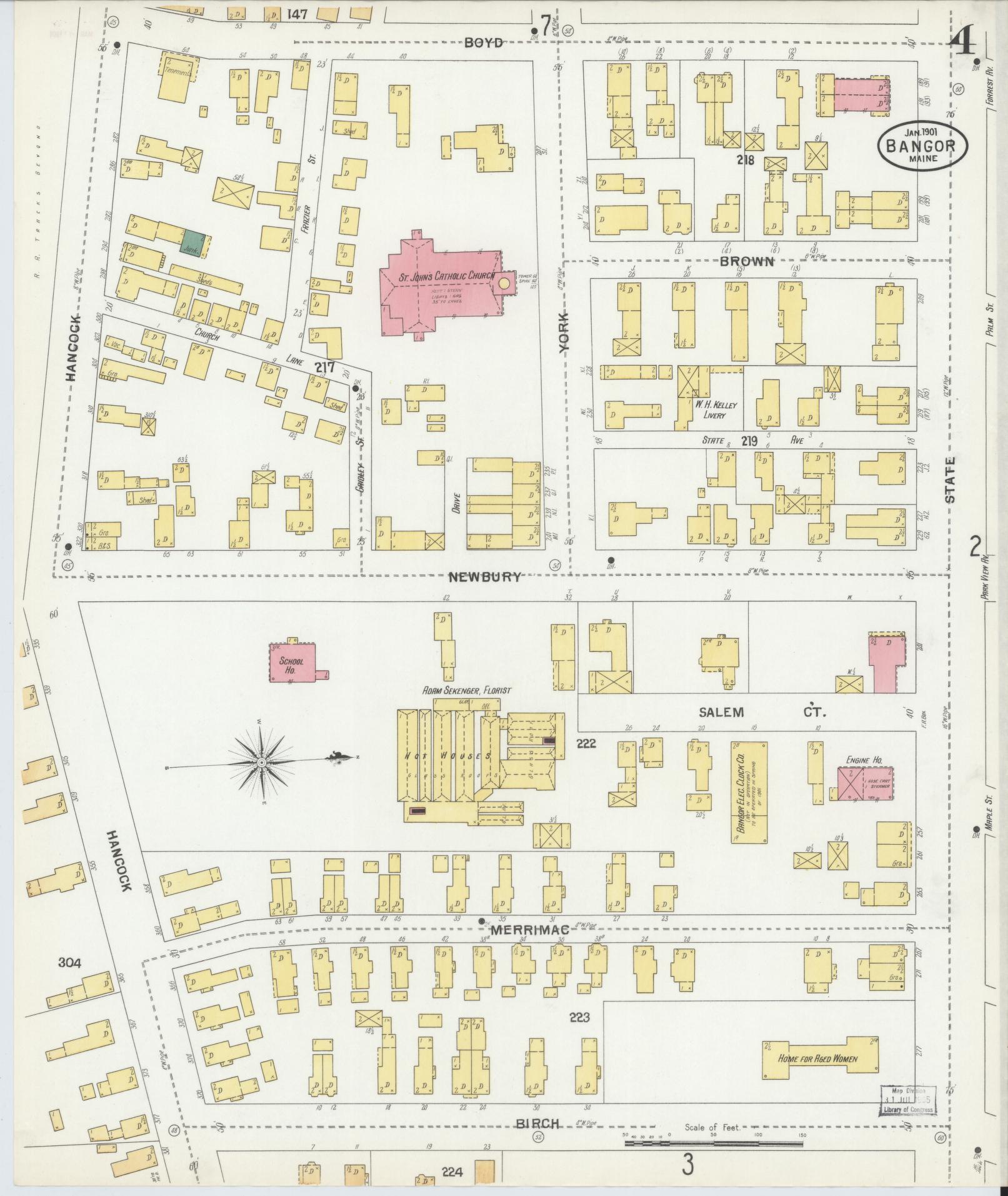 Sanborn Fire Insurance Map from Bangor, Penobscot County, Maine (1901), Sheet #0004 - Historic Sanborn Fire Insurance Map Print, vintage old map wall art, antique decor, genealogy gift, Maine Maine map