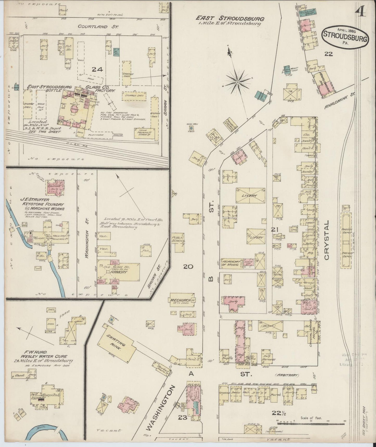Sanborn Fire Insurance Map from Stroudsburg, Monroe County, Pennsylvania (1885), Sheet #0004 - Historic Sanborn Fire Insurance Map Print, vintage old map wall art, antique decor, genealogy gift, Pennsylvania Pennsylvania map