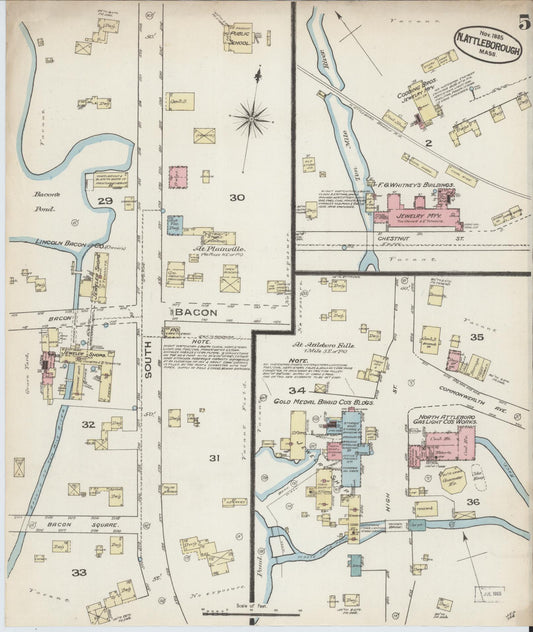 Sanborn Fire Insurance Map from North Attleborough, Bristol County, Massachusetts (1885), Sheet #0005 - Historic Sanborn Fire Insurance Map Print, vintage old map wall art, antique decor, genealogy gift, Massachusetts Massachusetts map