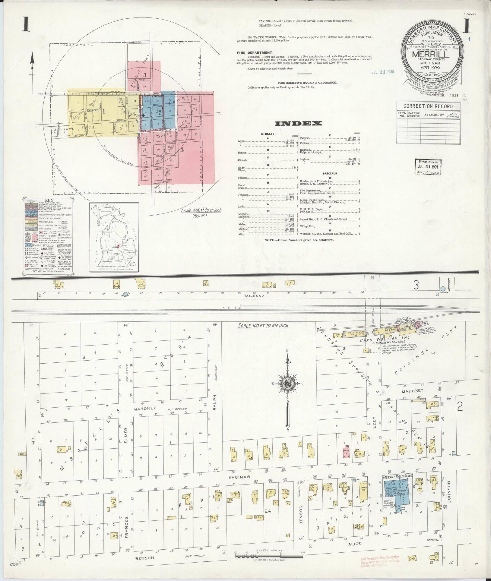 Sanborn Fire Insurance Map from Merrill, Saginaw County, Michigan (1939), Sheet #0001 - Complete Map Set gallery image, historic Sanborn map, vintage wall art, Michigan Michigan