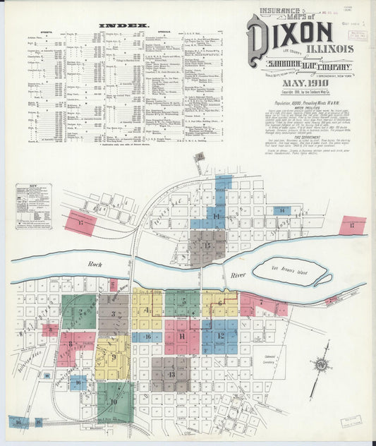 Sanborn Fire Insurance Map from Dixon, Lee County, Illinois (1910), Sheet #0001 - Complete Map Set gallery image, historic Sanborn map, vintage wall art, Illinois Illinois