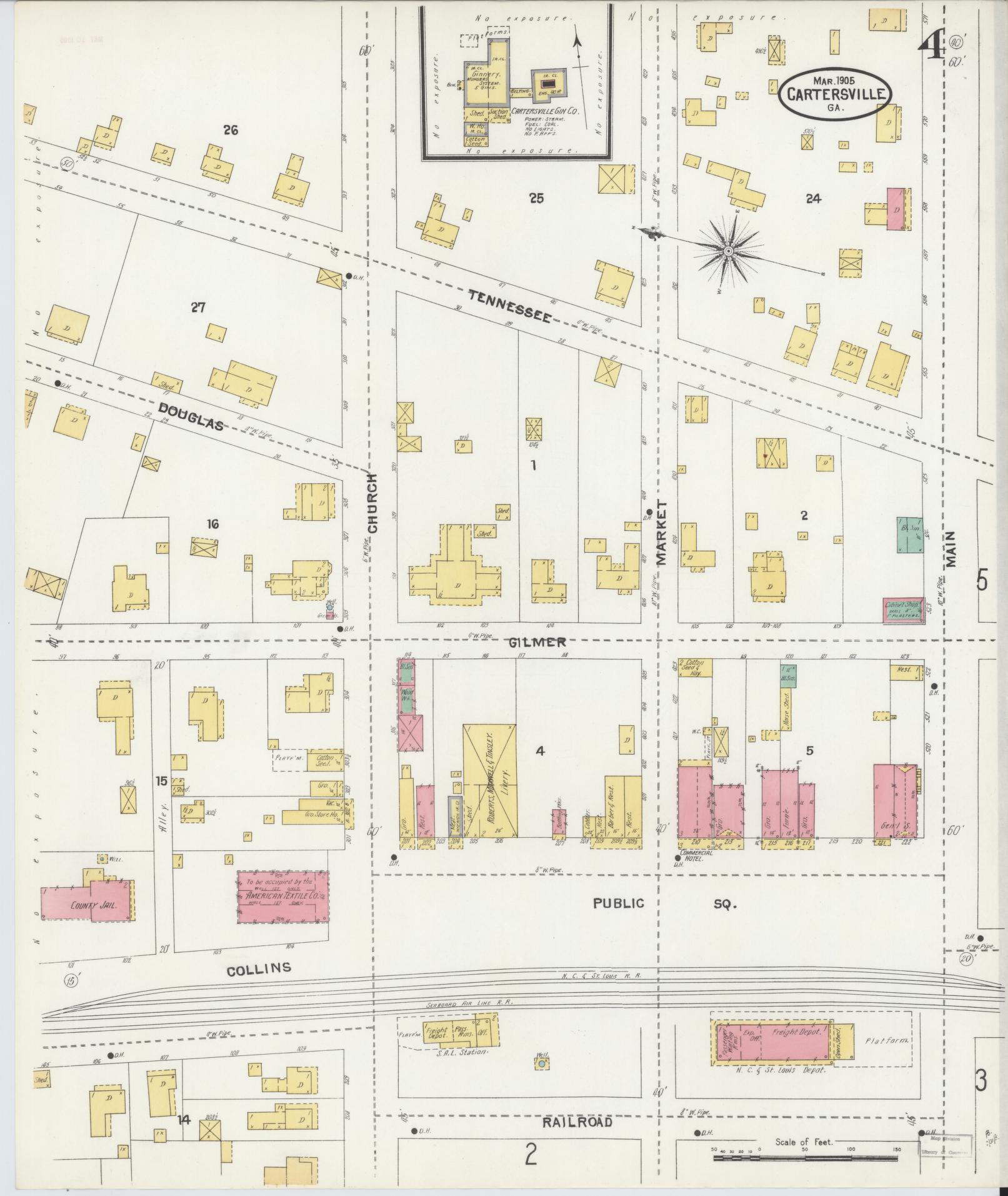 Sanborn Fire Insurance Map from Cartersville, Bartow County, Georgia (1905), Sheet #0004 - Historic Sanborn Fire Insurance Map Print, vintage old map wall art, antique decor, genealogy gift, Georgia Georgia map
