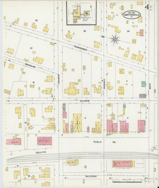 Sanborn Fire Insurance Map from Cartersville, Bartow County, Georgia (1905), Sheet #0004 - Historic Sanborn Fire Insurance Map Print, vintage old map wall art, antique decor, genealogy gift, Georgia Georgia map