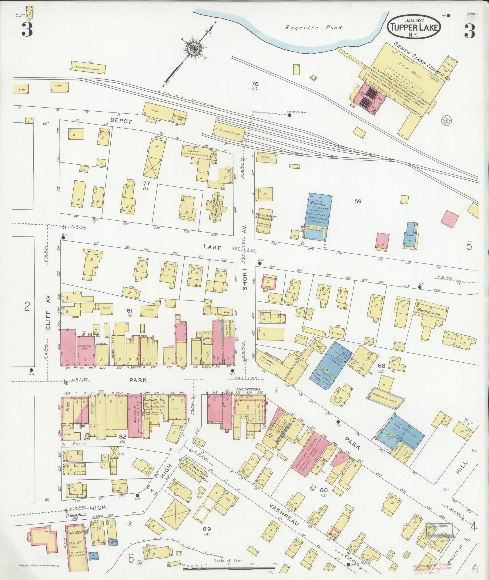Sanborn Fire Insurance Map from Tupper Lake, Franklin County, New York (1927), Sheet #0003 - Historic Sanborn Fire Insurance Map Print, vintage old map wall art, antique decor, genealogy gift, New York New York map