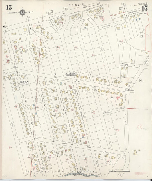 Sanborn Fire Insurance Map from Merrick, Nassau County, New York (1947), Sheet #0015 - Historic Sanborn Fire Insurance Map Print, vintage old map wall art, antique decor, genealogy gift, New York New York map