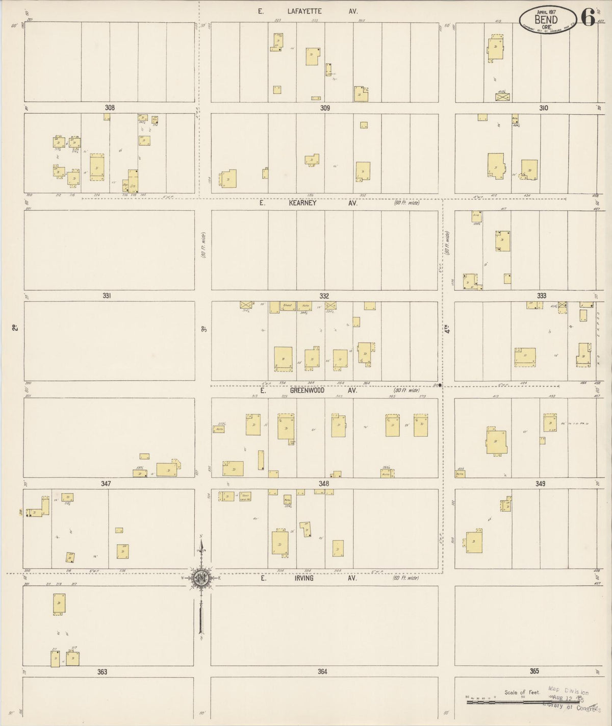 Sanborn Fire Insurance Map from Bend, Deschutes County, Oregon (1917), Sheet #0006 - Historic Sanborn Fire Insurance Map Print, vintage old map wall art, antique decor, genealogy gift, Oregon Oregon map