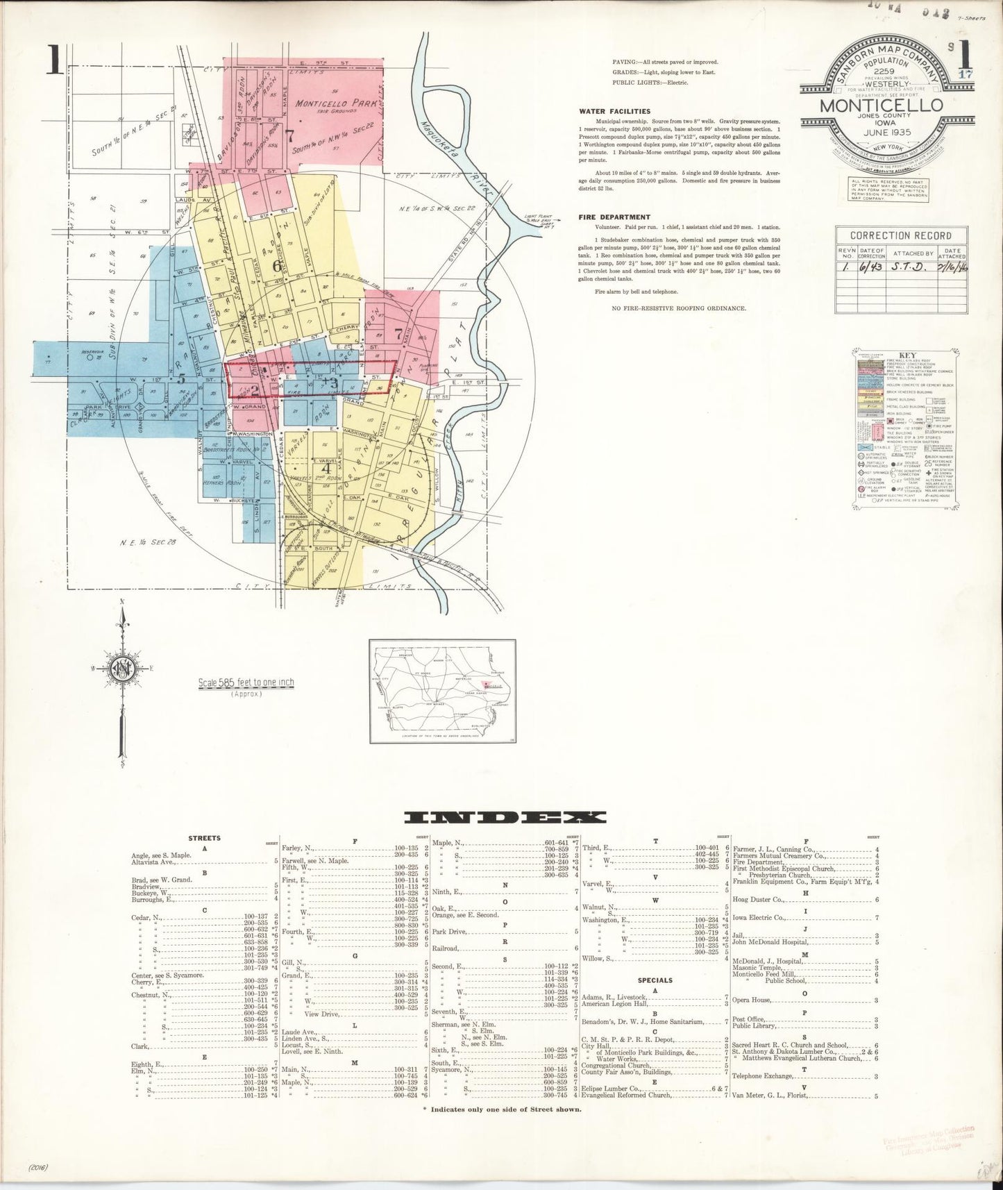 Sanborn Fire Insurance Map from Monticello, Jones County, Iowa (1943), Sheet #0001 - Historic Sanborn Fire Insurance Map Print