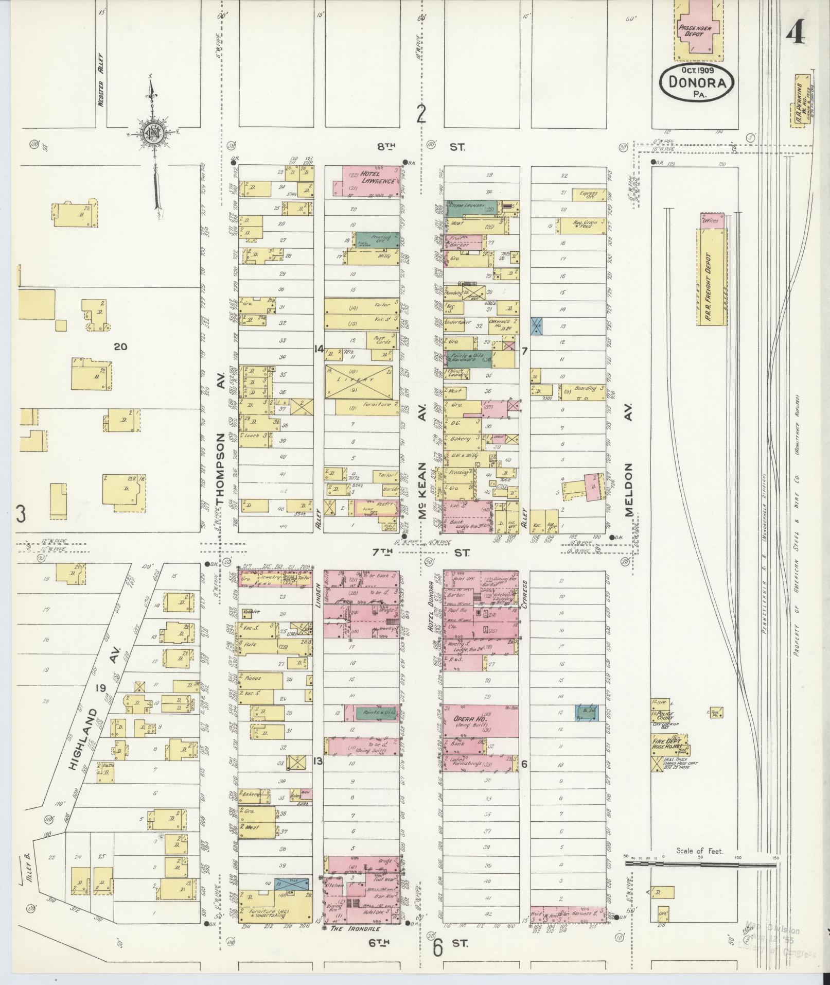 Sanborn Fire Insurance Map from Donora, Washington County, Pennsylvania (1909), Sheet #0004 - Historic Sanborn Fire Insurance Map Print, vintage old map wall art, antique decor, genealogy gift, Pennsylvania Pennsylvania map