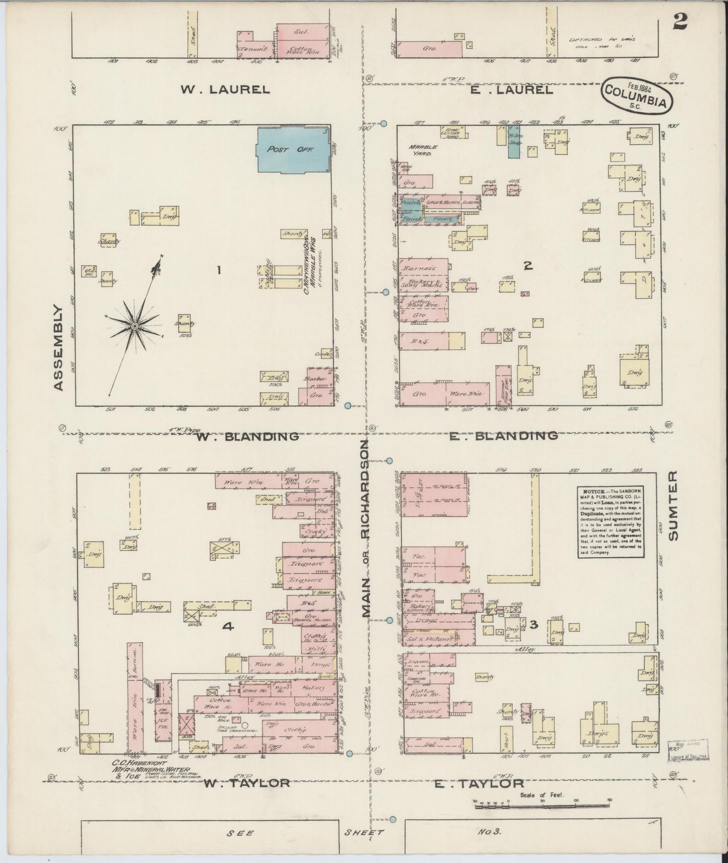 Sanborn Fire Insurance Map from Columbia, Richland County, South Carolina (1884), Sheet #0002 - Complete Map Set gallery image, historic Sanborn map, vintage wall art, South Carolina South Carolina