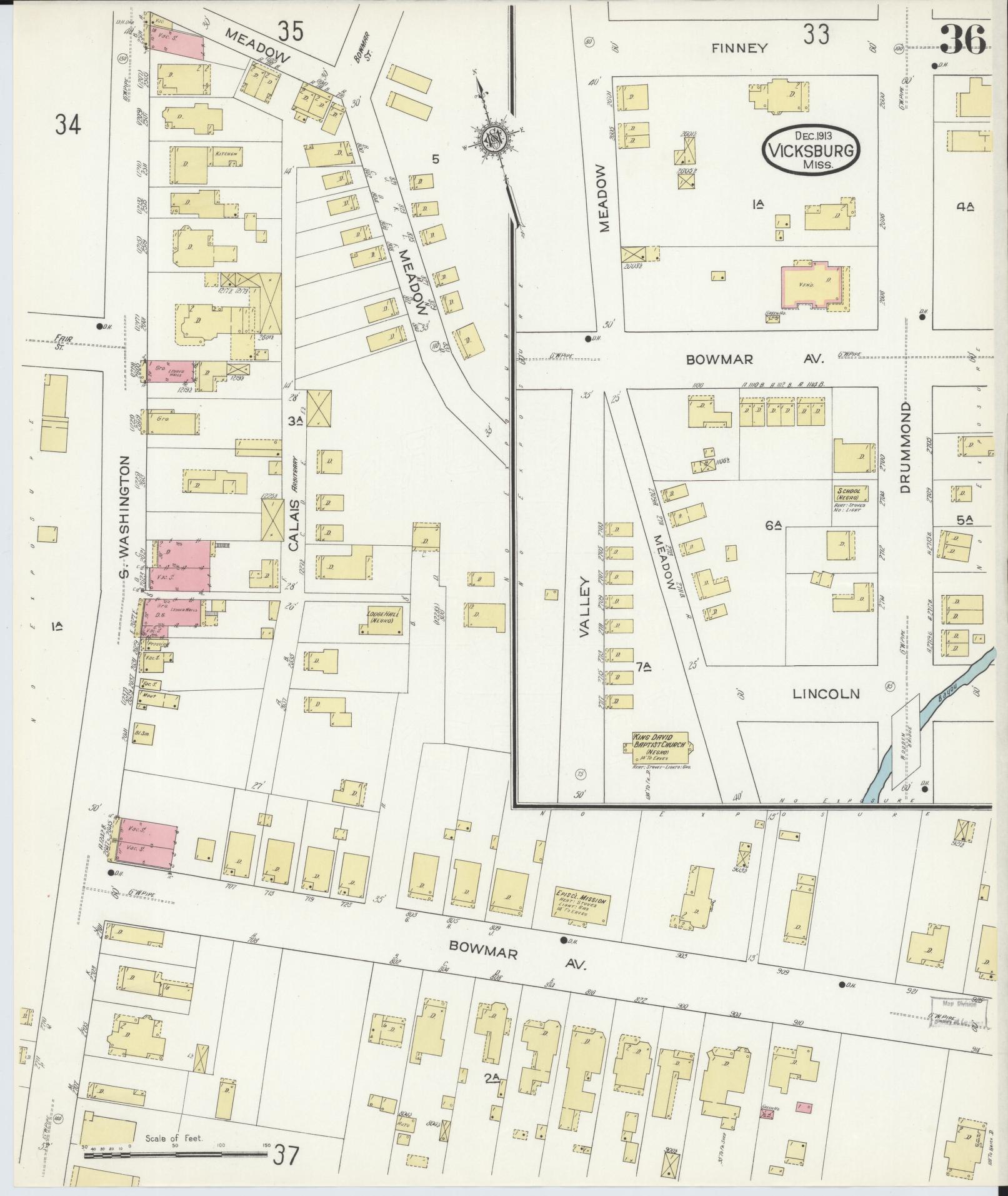 Sanborn Fire Insurance Map from Vicksburg, Warren County, Mississippi (1913), Sheet #0036 - Historic Sanborn Fire Insurance Map Print, vintage old map wall art, antique decor, genealogy gift, Mississippi Mississippi map