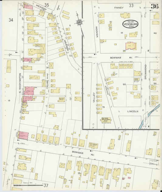 Sanborn Fire Insurance Map from Vicksburg, Warren County, Mississippi (1913), Sheet #0036 - Historic Sanborn Fire Insurance Map Print, vintage old map wall art, antique decor, genealogy gift, Mississippi Mississippi map
