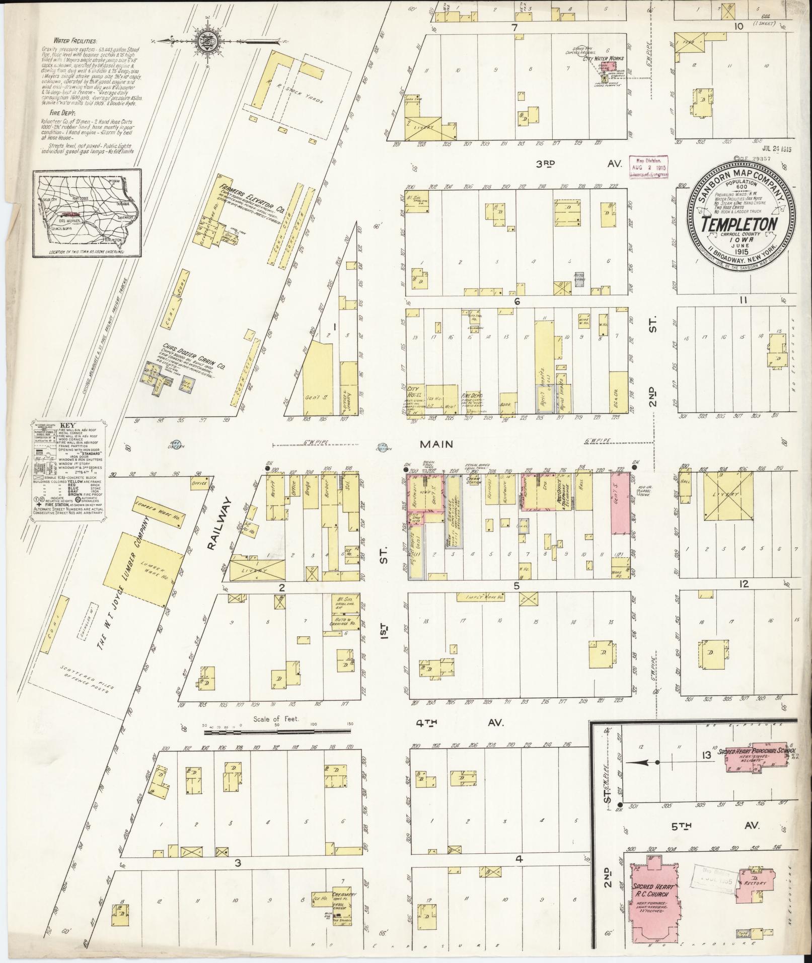 Sanborn Fire Insurance Map from Templeton, Carroll County, Iowa (1915), Sheet #0001 - Historic Sanborn Fire Insurance Map Print, vintage old map wall art