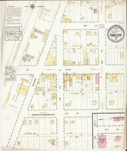 Sanborn Fire Insurance Map from Templeton, Carroll County, Iowa (1915), Sheet #0001 - Historic Sanborn Fire Insurance Map Print, vintage old map wall art