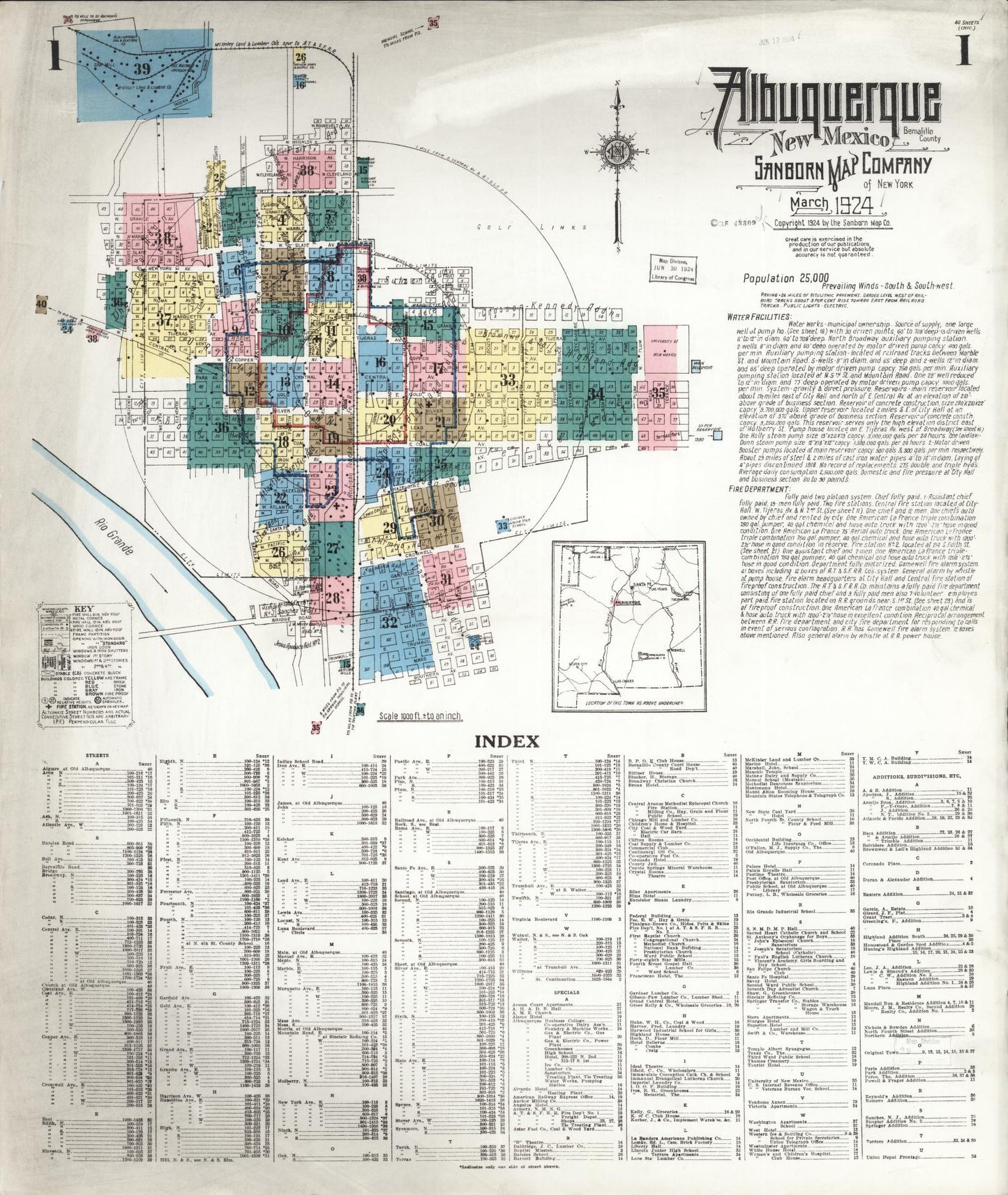 Sanborn Fire Insurance Map from Albuquerque, Bernalillo County, New Mexico (1924), Sheet #0001 - Historic Sanborn Fire Insurance Map Print, vintage old map wall art, antique decor, genealogy gift, New Mexico New Mexico map