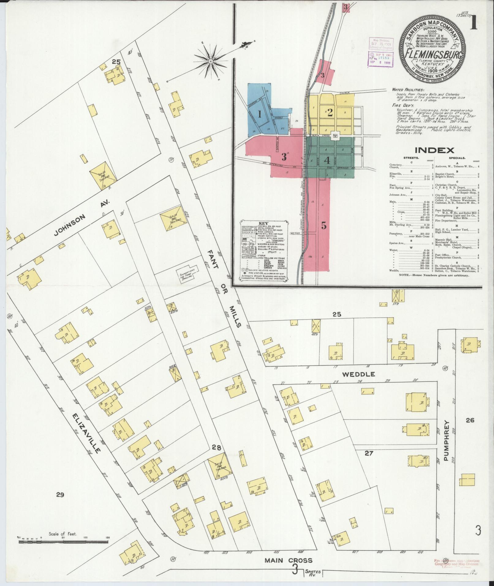 Sanborn Fire Insurance Map from Flemingsburg, Fleming County, Kentucky (1909), Sheet #0001 - Historic Sanborn Fire Insurance Map Print, vintage old map wall art, antique decor, genealogy gift, Kentucky Kentucky map