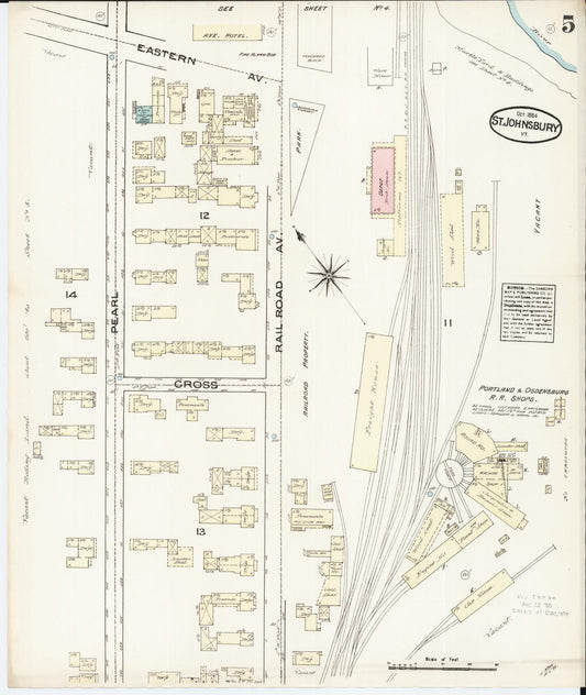 Sanborn Fire Insurance Map from Saint Johnsbury, Caledonia County, Vermont (1884), Sheet #0005 - Historic Sanborn Fire Insurance Map Print, vintage old map wall art, antique decor, genealogy gift, Vermont Vermont map