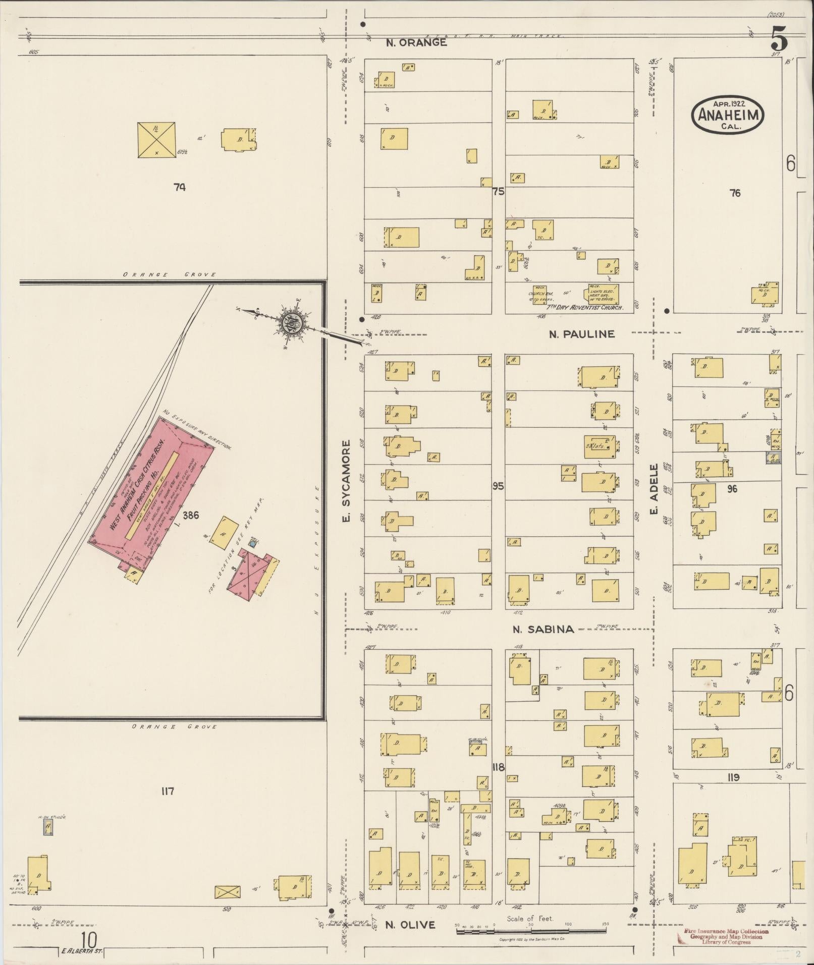 Sanborn Fire Insurance Map from Anaheim, Orange County, California (1922), Sheet #0005 - Historic Sanborn Fire Insurance Map Print, vintage old map wall art, antique decor, genealogy gift, California California map