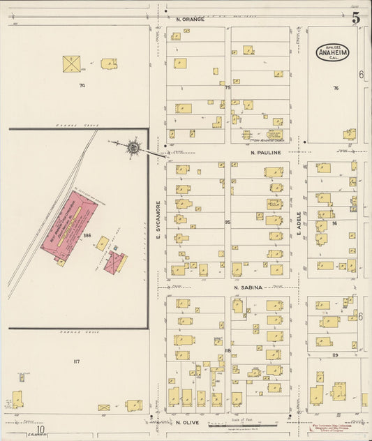 Sanborn Fire Insurance Map from Anaheim, Orange County, California (1922), Sheet #0005 - Historic Sanborn Fire Insurance Map Print, vintage old map wall art, antique decor, genealogy gift, California California map