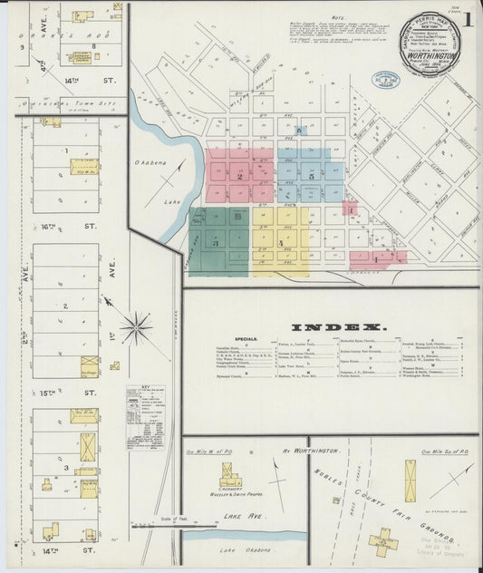 Sanborn Fire Insurance Map from Worthington, Nobles County, Minnesota (1894), Sheet #0001 - Historic Sanborn Fire Insurance Map Print, vintage old map wall art, antique decor, genealogy gift, Minnesota Minnesota map