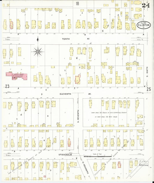 Sanborn Fire Insurance Map from Clinton, Clinton County, Iowa (1909), Sheet #0024 - Historic Sanborn Fire Insurance Map Print, vintage old map wall art