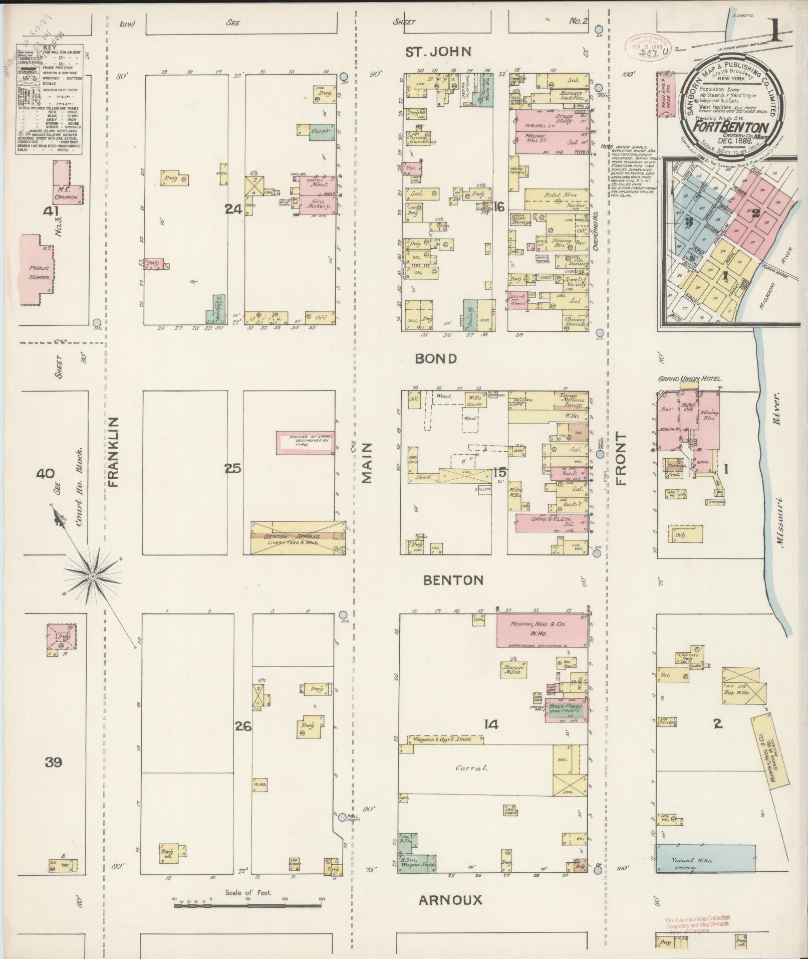 Sanborn Fire Insurance Map from Fort Benton, Chouteau County, Montana (1888), Sheet #0001 - Historic Sanborn Fire Insurance Map Print, vintage old map wall art, antique decor, genealogy gift, Montana Montana map