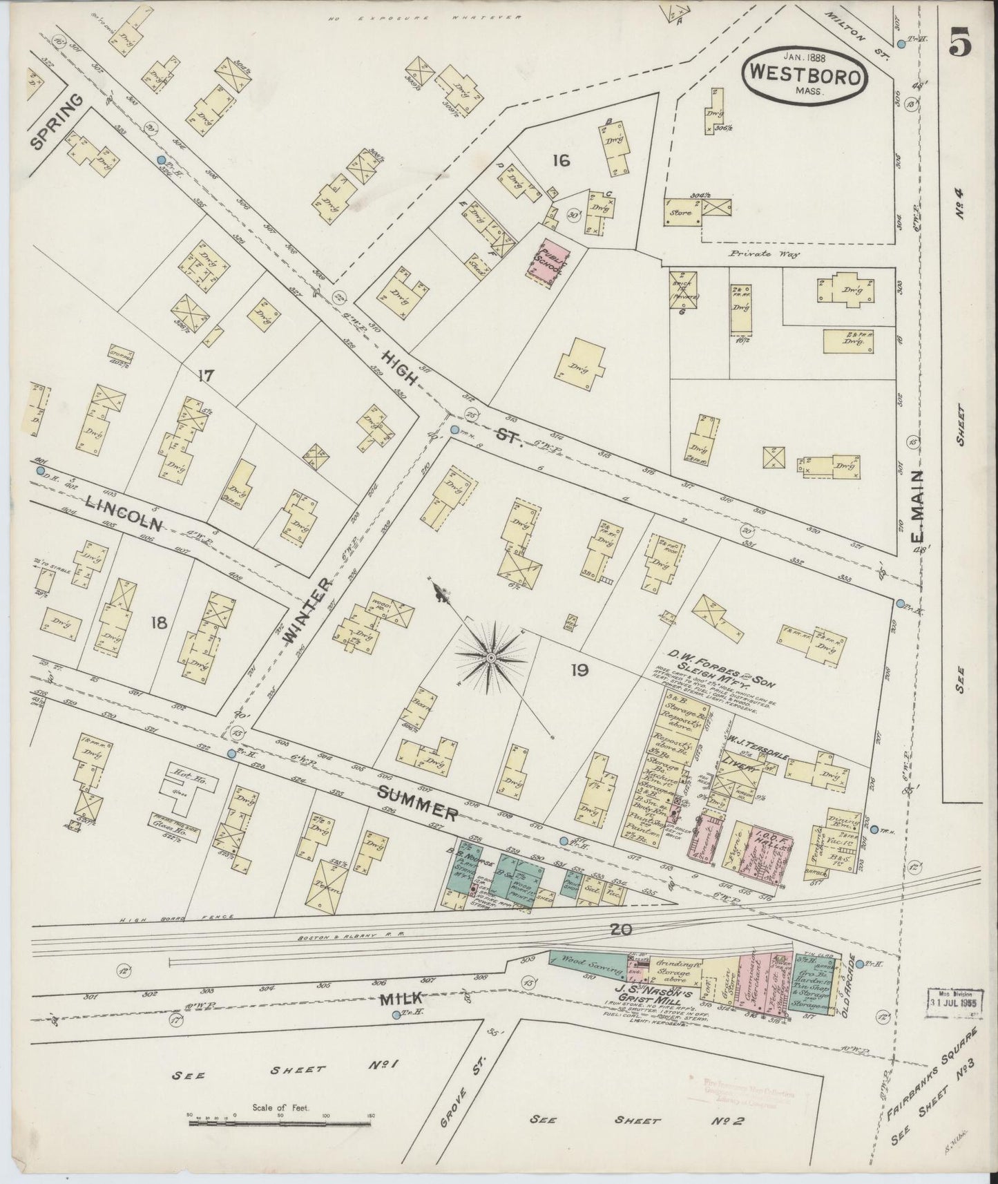 Sanborn Fire Insurance Map from Westboro, Worcester County, Massachusetts (1888), Sheet #0005 - Historic Sanborn Fire Insurance Map Print, vintage old map wall art, antique decor, genealogy gift, Massachusetts Massachusetts map