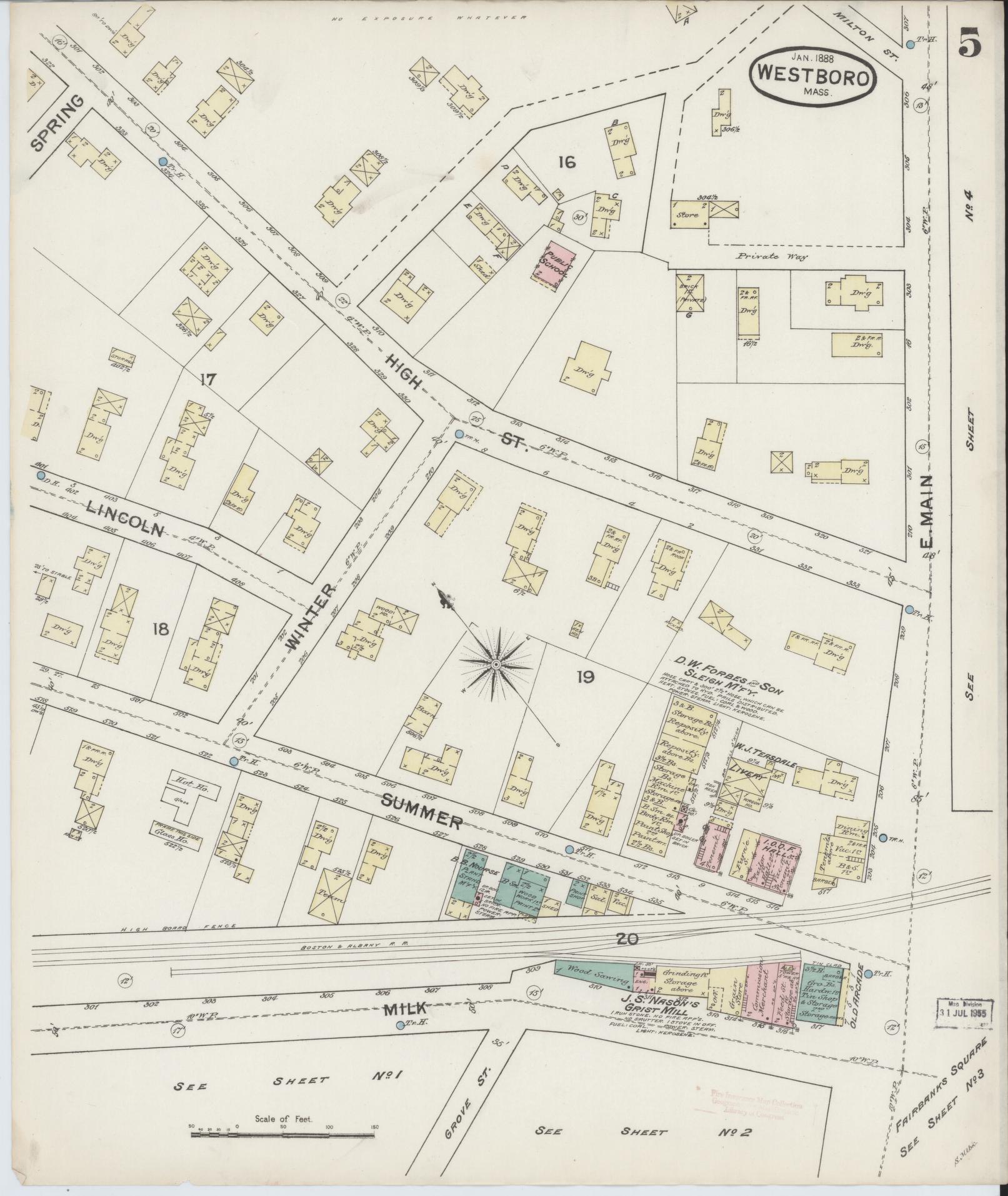Sanborn Fire Insurance Map from Westboro, Worcester County, Massachusetts (1888), Sheet #0005 - Historic Sanborn Fire Insurance Map Print, vintage old map wall art, antique decor, genealogy gift, Massachusetts Massachusetts map