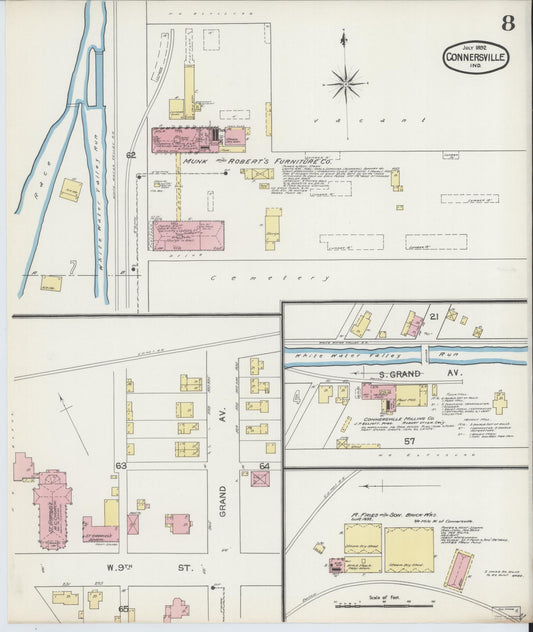 Sanborn Fire Insurance Map from Connersville, Fayette County, Indiana (1892), Sheet #0008 - Historic Sanborn Fire Insurance Map Print, vintage old map wall art, antique decor, genealogy gift, Indiana Indiana map