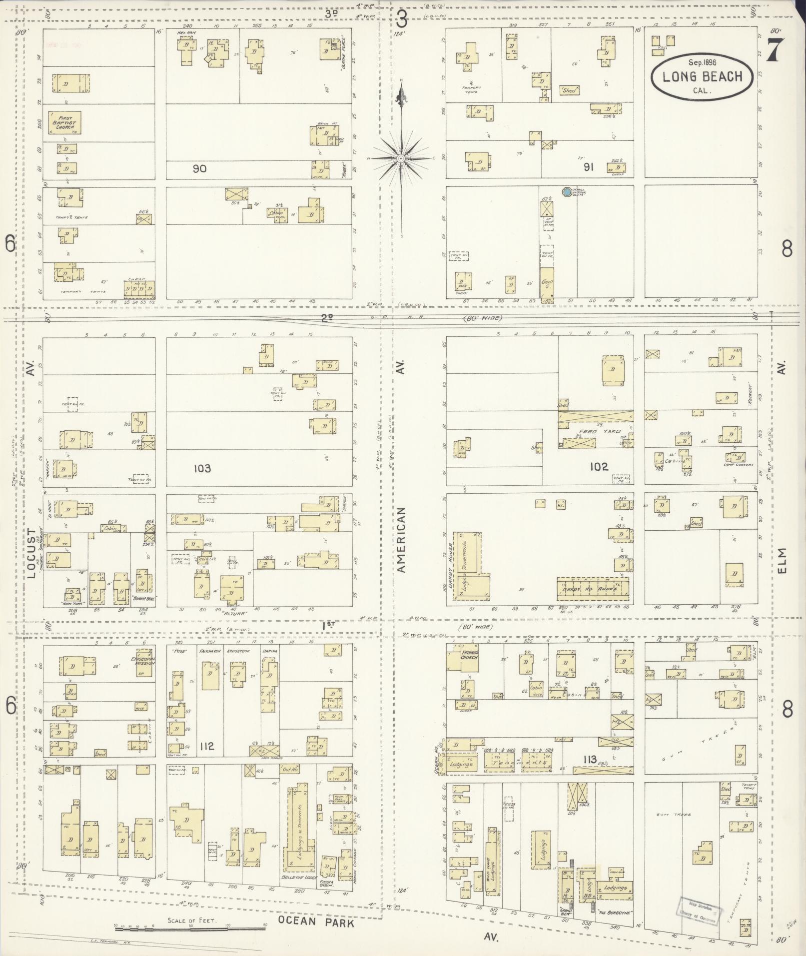 Sanborn Fire Insurance Map from Long Beach, Los Angeles County, California (1898), Sheet #0007 - Historic Sanborn Fire Insurance Map Print, vintage old map wall art, antique decor, genealogy gift, California California map