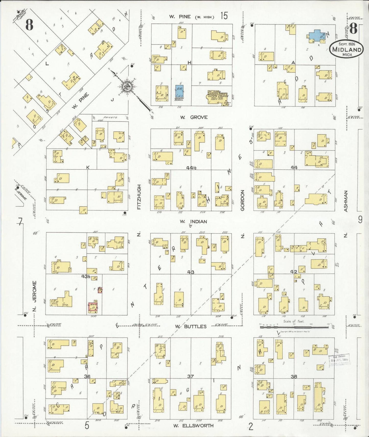 Sanborn Fire Insurance Map from Midland, Midland County, Michigan (1926), Sheet #0008 - Complete Map Set gallery image, historic Sanborn map, vintage wall art, Michigan Michigan