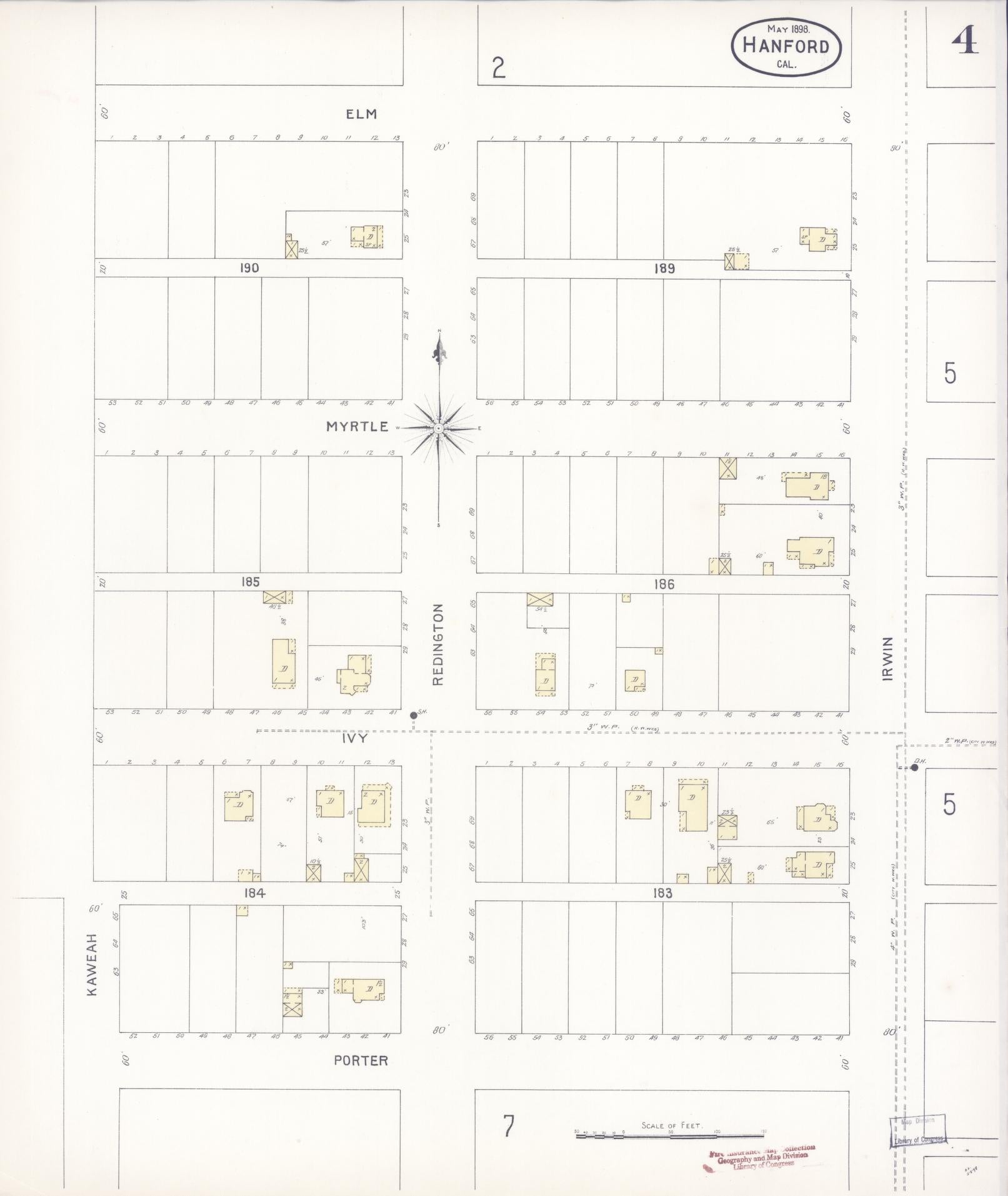 Sanborn Fire Insurance Map from Hanford, Kings County, California (1898), Sheet #0004 - Historic Sanborn Fire Insurance Map Print, vintage old map wall art, antique decor, genealogy gift, California California map