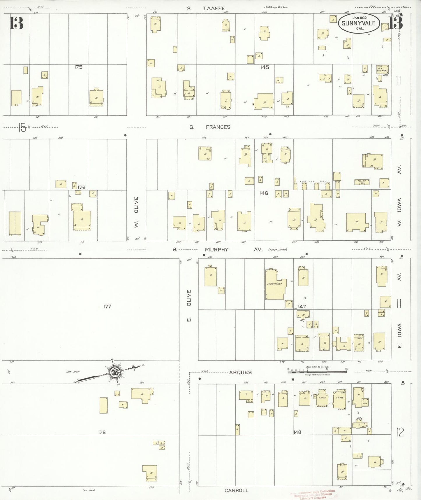 Sanborn Fire Insurance Map from Sunnyvale, Santa Clara County, California (1930), Sheet #0013 - Complete Map Set gallery image, historic Sanborn map, vintage wall art, California California