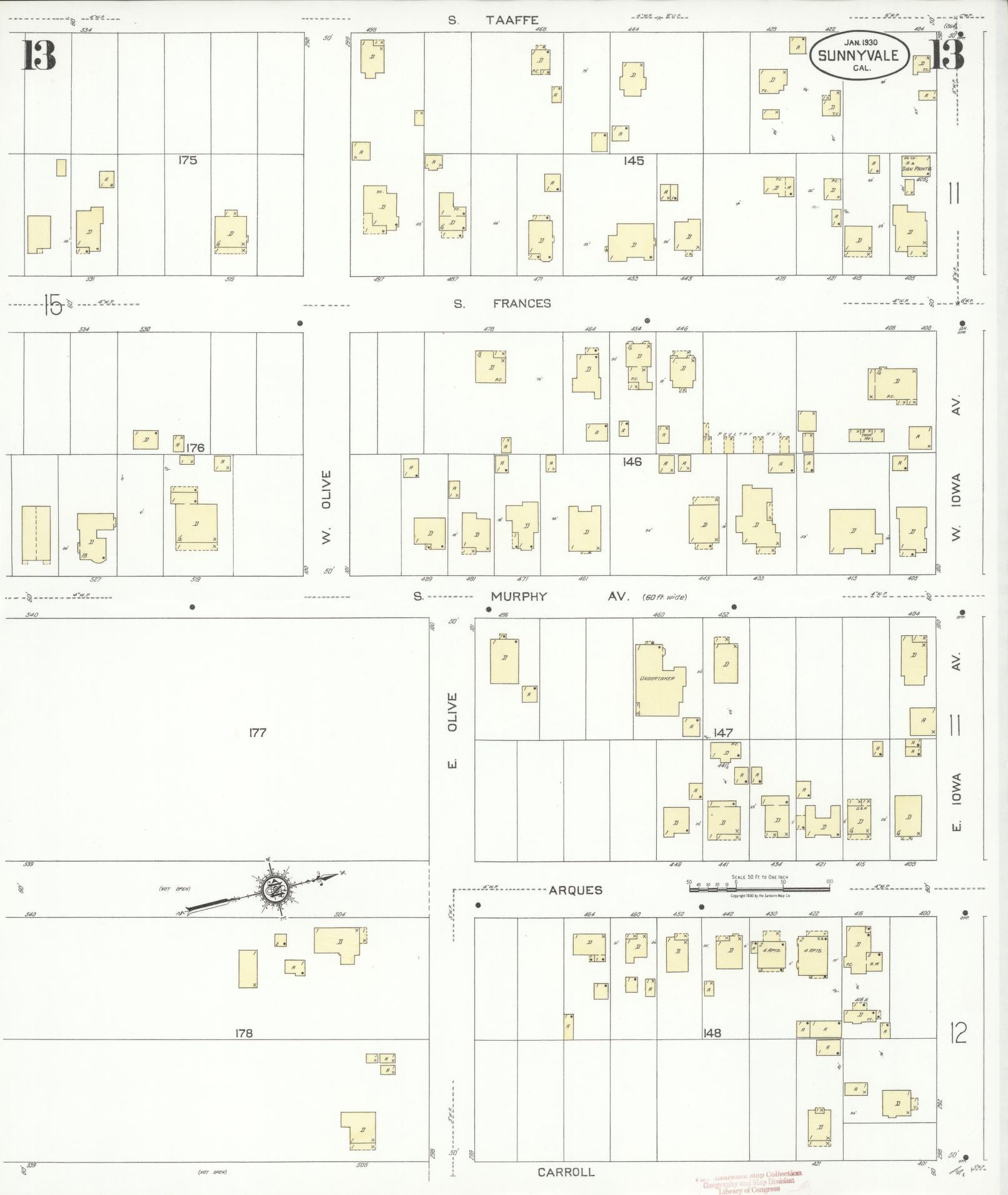 Sanborn Fire Insurance Map from Sunnyvale, Santa Clara County, California (1930), Sheet #0013 - Complete Map Set gallery image, historic Sanborn map, vintage wall art, California California