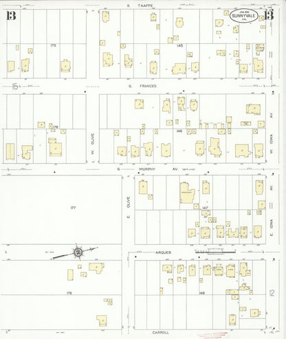 Sanborn Fire Insurance Map from Sunnyvale, Santa Clara County, California (1930), Sheet #0013 - Complete Map Set gallery image, historic Sanborn map, vintage wall art, California California