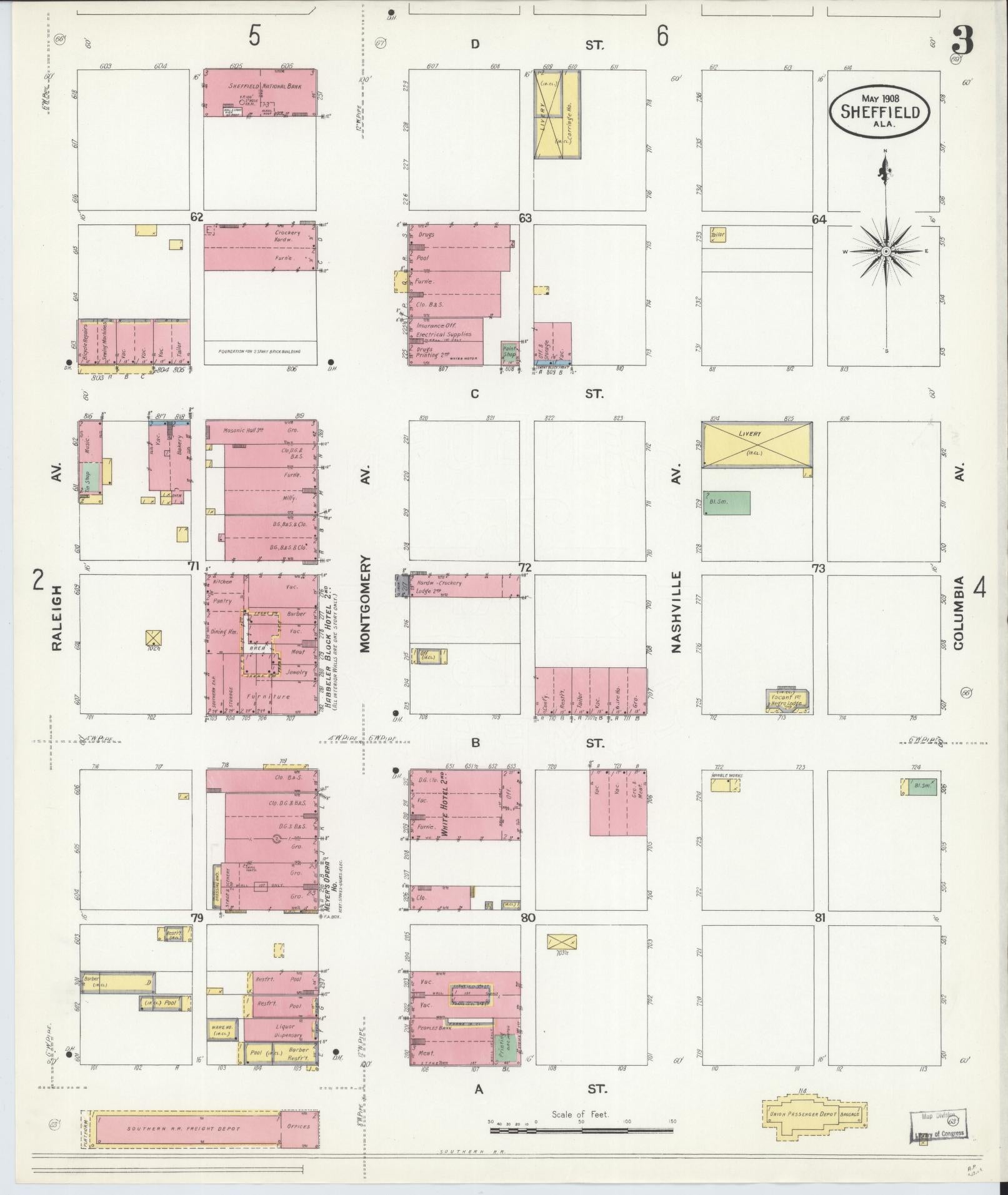 Sanborn Fire Insurance Map from Sheffield, Colbert County, Alabama (1908), Sheet #0003 - Complete Map Set gallery image, historic Sanborn map, vintage wall art, Alabama Alabama