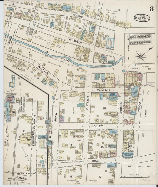 Sanborn Fire Insurance Map from Helena, Lewis and Clark County, Montana (1884), Sheet #0008 - Historic Sanborn Fire Insurance Map Print, vintage old map wall art, antique decor, genealogy gift, Montana Montana map