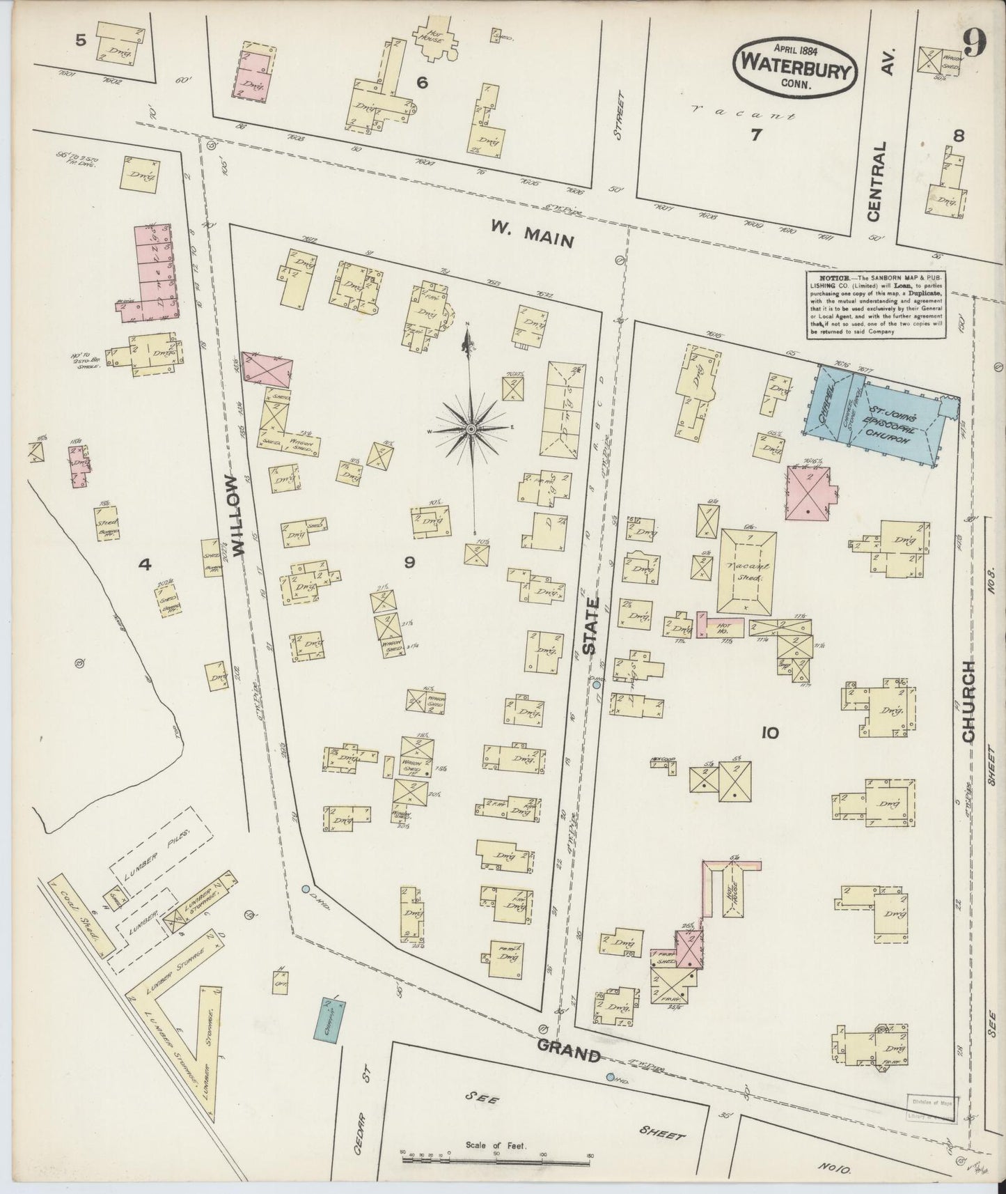 Sanborn Fire Insurance Map from Waterbury, New Haven County, Connecticut (1884), Sheet #0009 - Complete Map Set gallery image, historic Sanborn map, vintage wall art, Connecticut Connecticut