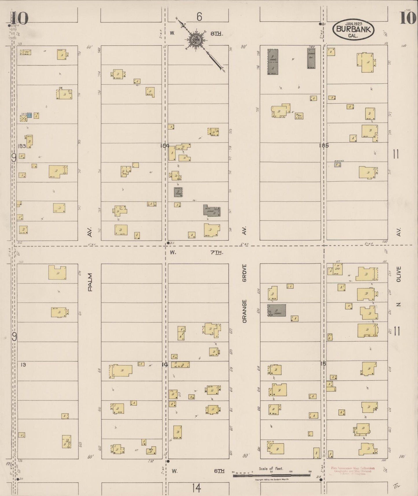 Sanborn Fire Insurance Map from Burbank, Los Angeles County, California (1923), Sheet #0010 - Historic Sanborn Fire Insurance Map Print, vintage old map wall art, antique decor, genealogy gift, California California map