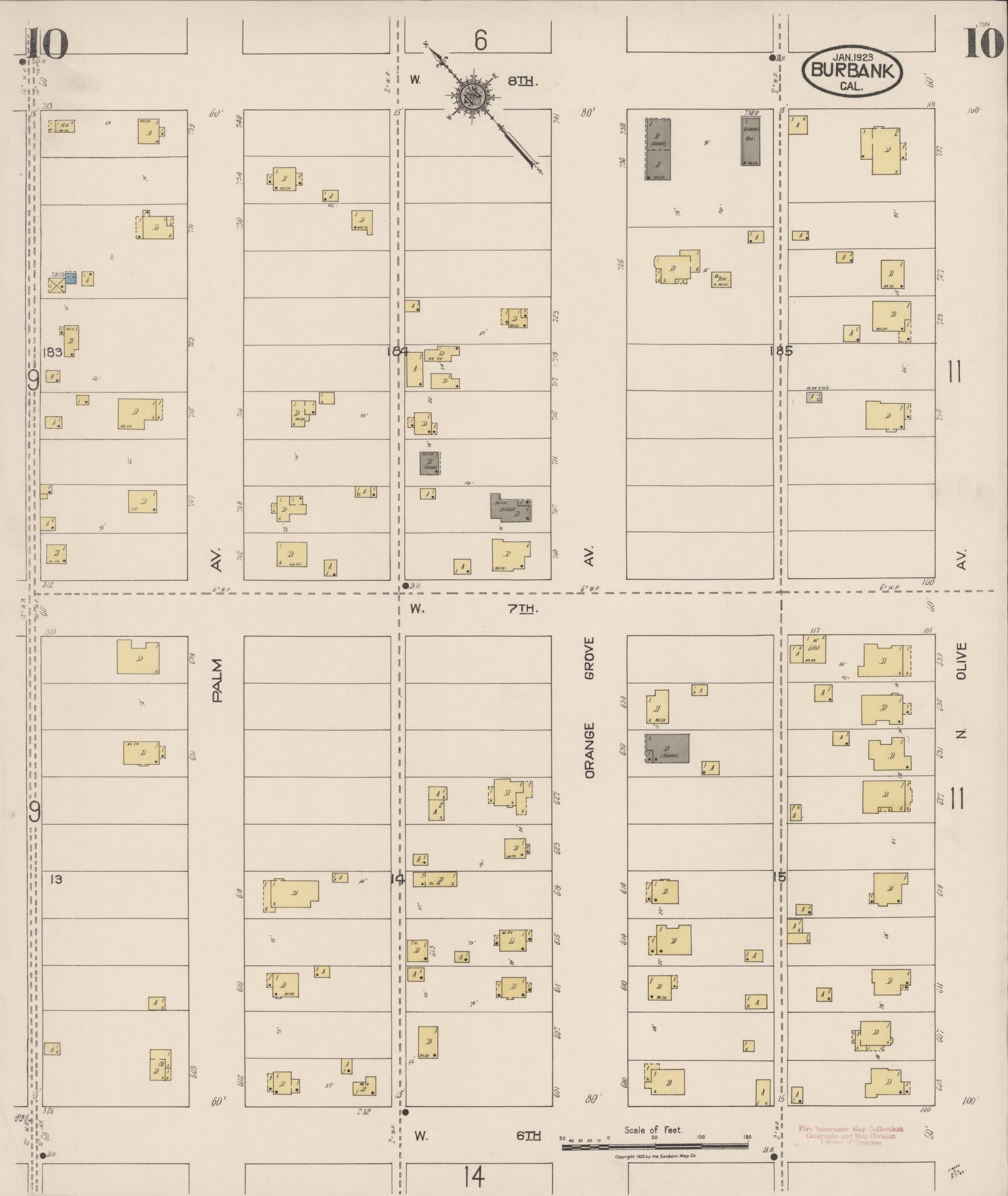 Sanborn Fire Insurance Map from Burbank, Los Angeles County, California (1923), Sheet #0010 - Historic Sanborn Fire Insurance Map Print, vintage old map wall art, antique decor, genealogy gift, California California map