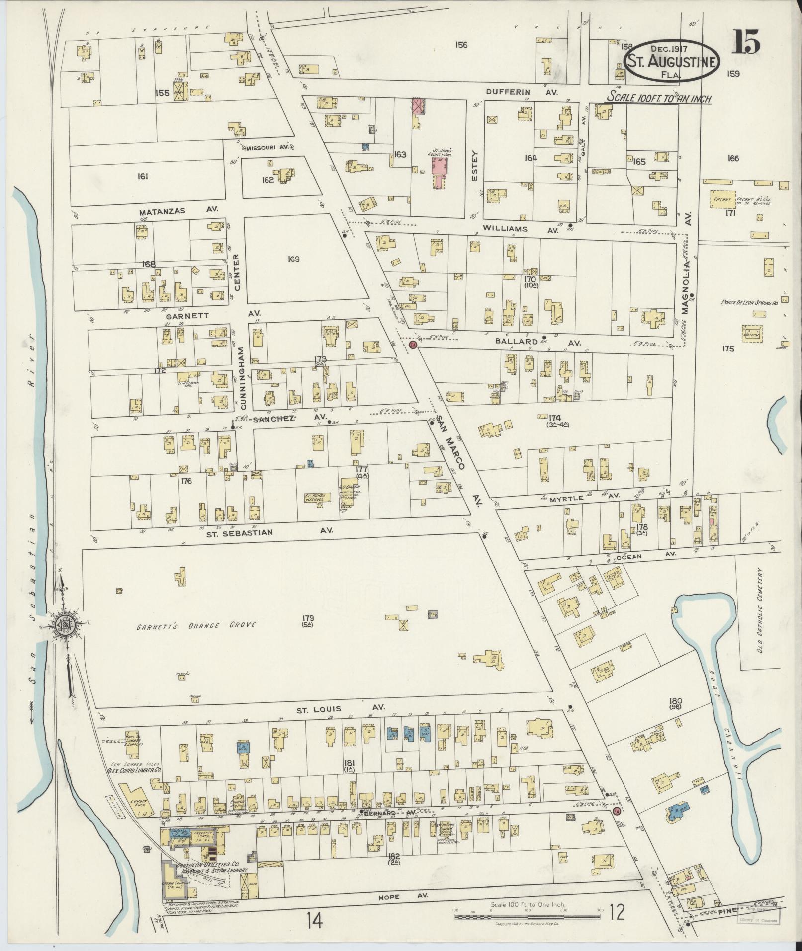 Sanborn Fire Insurance Map from Saint Augustine, Saint John's County, Florida (1917), Sheet #0015 - Historic Sanborn Fire Insurance Map Print, vintage old map wall art, antique decor, genealogy gift, Florida Florida map